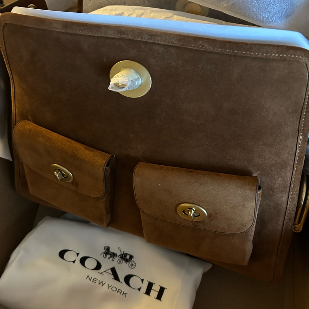 Coach Brown Suede Crossbody Haversack with Gold Hardware - Picture 4 of 14